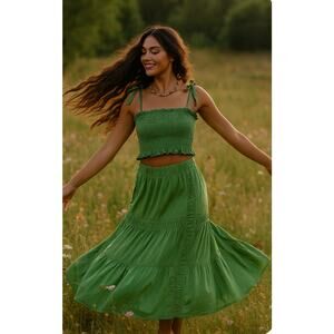 La Chocole Brazilian Designer 2 Piece Green Maxi Dress/Smocked Ruffles Boho‎ Med